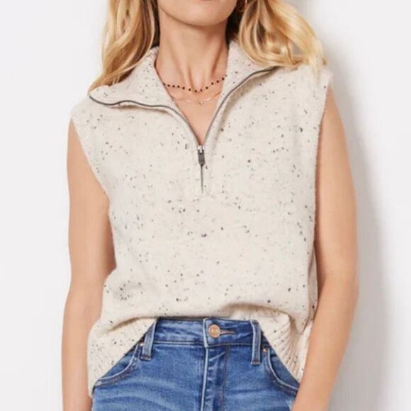 JOHN + JENN | Michael Sleeveless Vest Ivory Navy Speckled Zip Turtleneck | Small - Picture 1 of 9